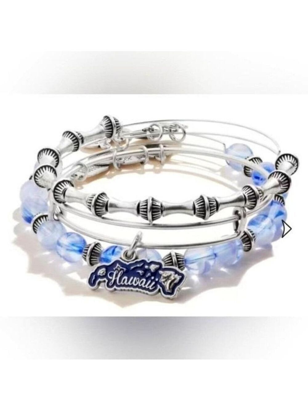 Alex and Ani Hawaii Island set of 3 expandable wire bangles in a shiny silver.